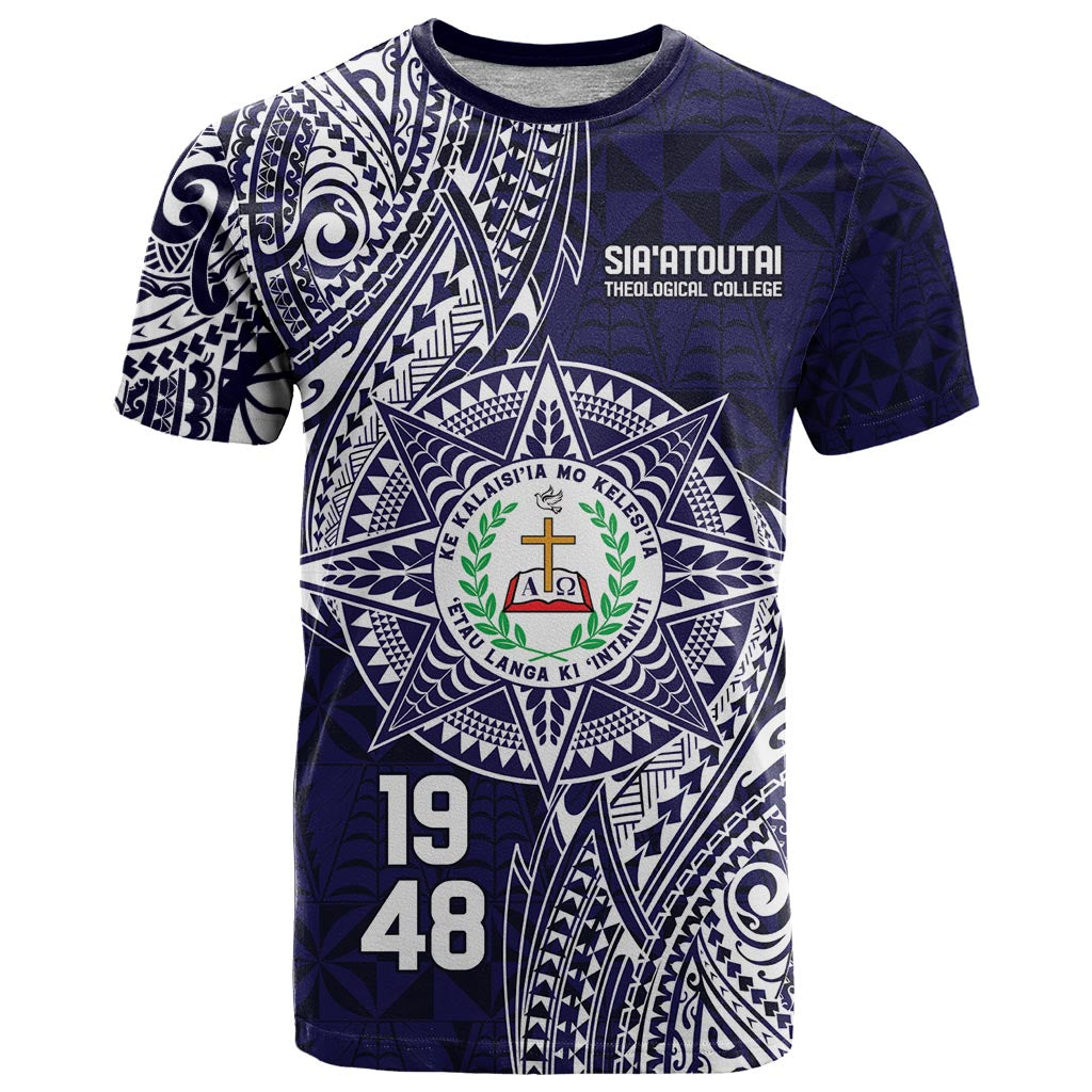 Personalised Tonga Sia'atoutai Theological College T Shirt Since 1948 Special Kupesi Pattern LT9 Navy - Polynesian Pride