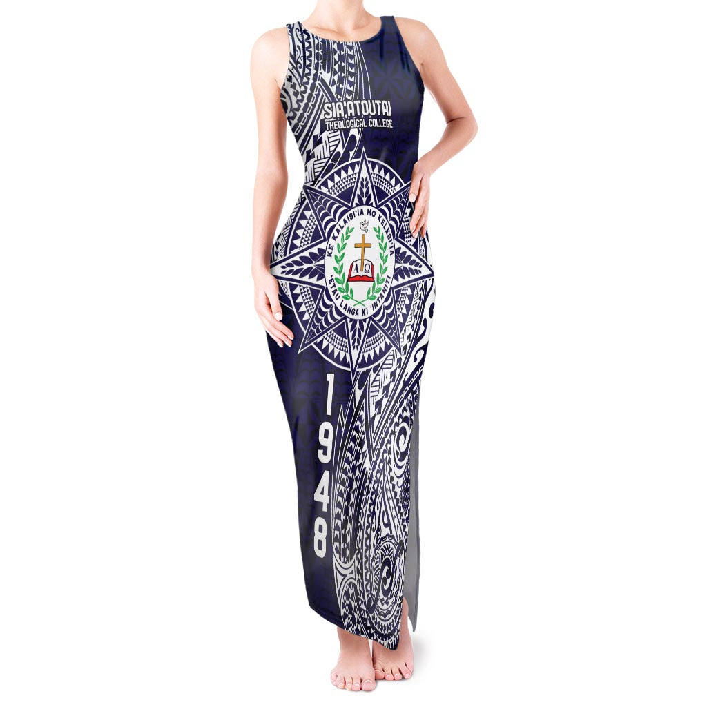 Personalised Tonga Sia'atoutai Theological College Tank Maxi Dress Since 1948 Special Kupesi Pattern LT9 Women Navy - Polynesian Pride