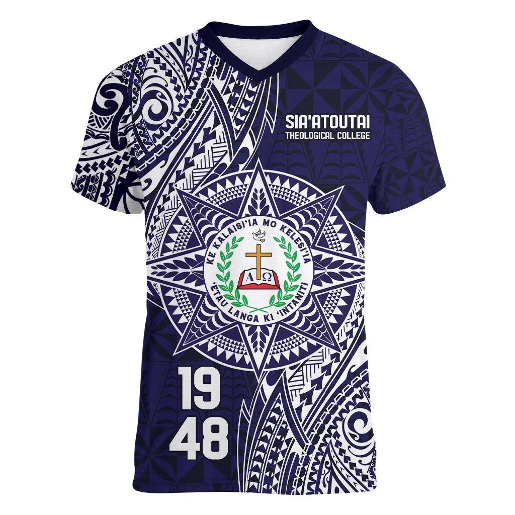 Personalised Tonga Sia'atoutai Theological College Women V-Neck T-Shirt Since 1948 Special Kupesi Pattern LT9 Female Navy - Polynesian Pride