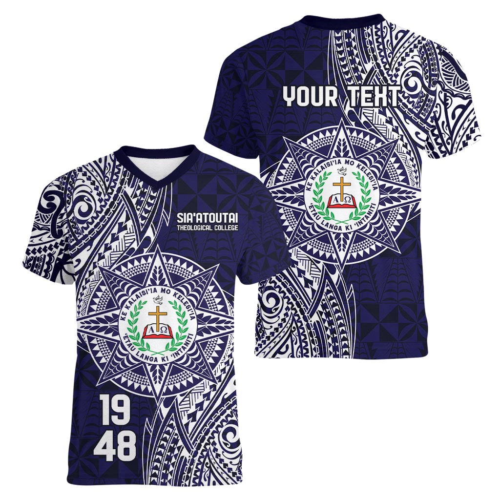 Personalised Tonga Sia'atoutai Theological College Women V-Neck T-Shirt Since 1948 Special Kupesi Pattern LT9 - Polynesian Pride