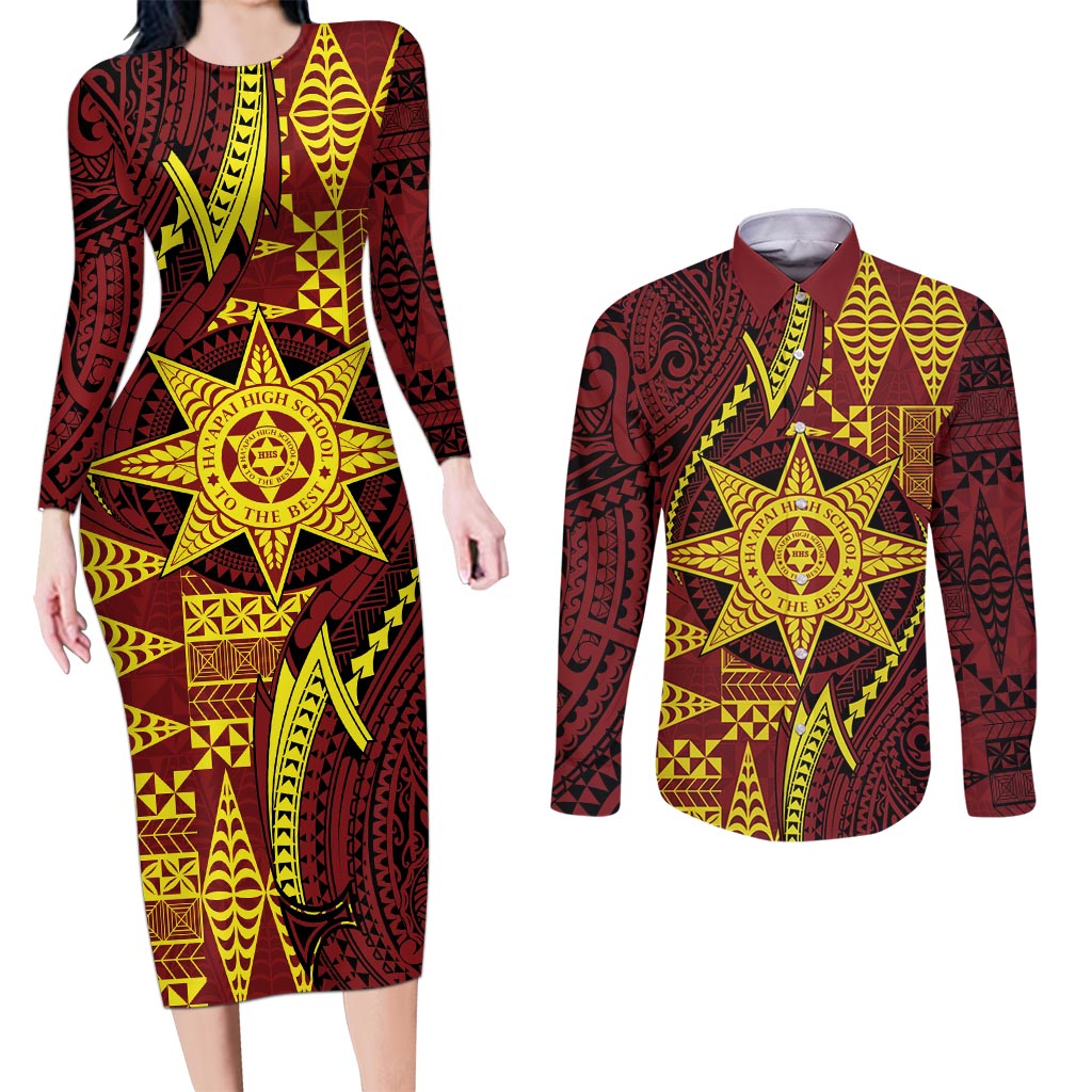 Personalised Tonga Haapai High School Couples Matching Long Sleeve Bodycon Dress and Long Sleeve Button Shirt Special Kupesi Pattern LT9 Gold - Polynesian Pride