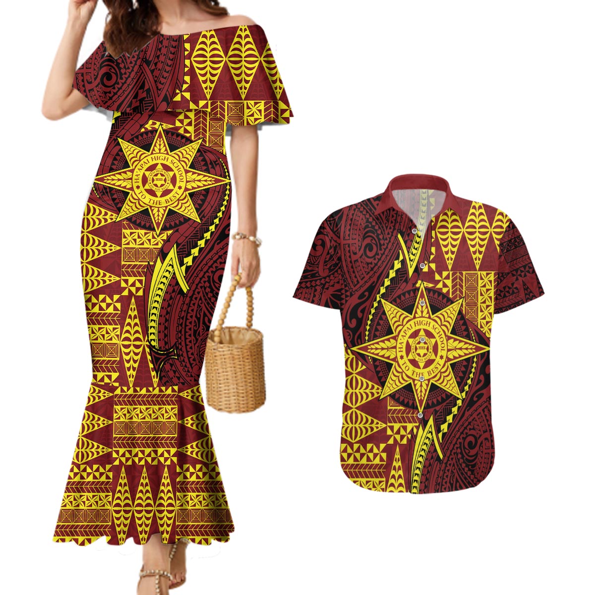 Personalised Tonga Haapai High School Couples Matching Mermaid Dress and Hawaiian Shirt Special Kupesi Pattern