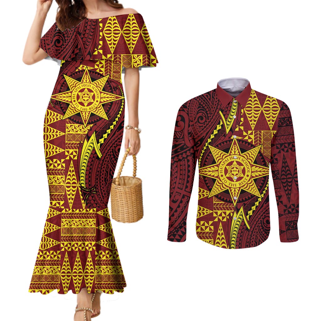 Personalised Tonga Haapai High School Couples Matching Mermaid Dress and Long Sleeve Button Shirt Special Kupesi Pattern