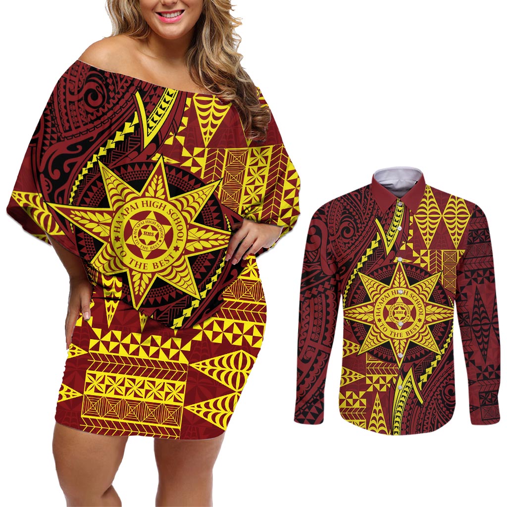 Personalised Tonga Haapai High School Couples Matching Off Shoulder Short Dress and Long Sleeve Button Shirt Special Kupesi Pattern