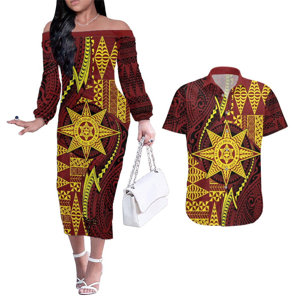 Personalised Tonga Haapai High School Couples Matching Off The Shoulder Long Sleeve Dress and Hawaiian Shirt Special Kupesi Pattern LT9 Gold - Polynesian Pride
