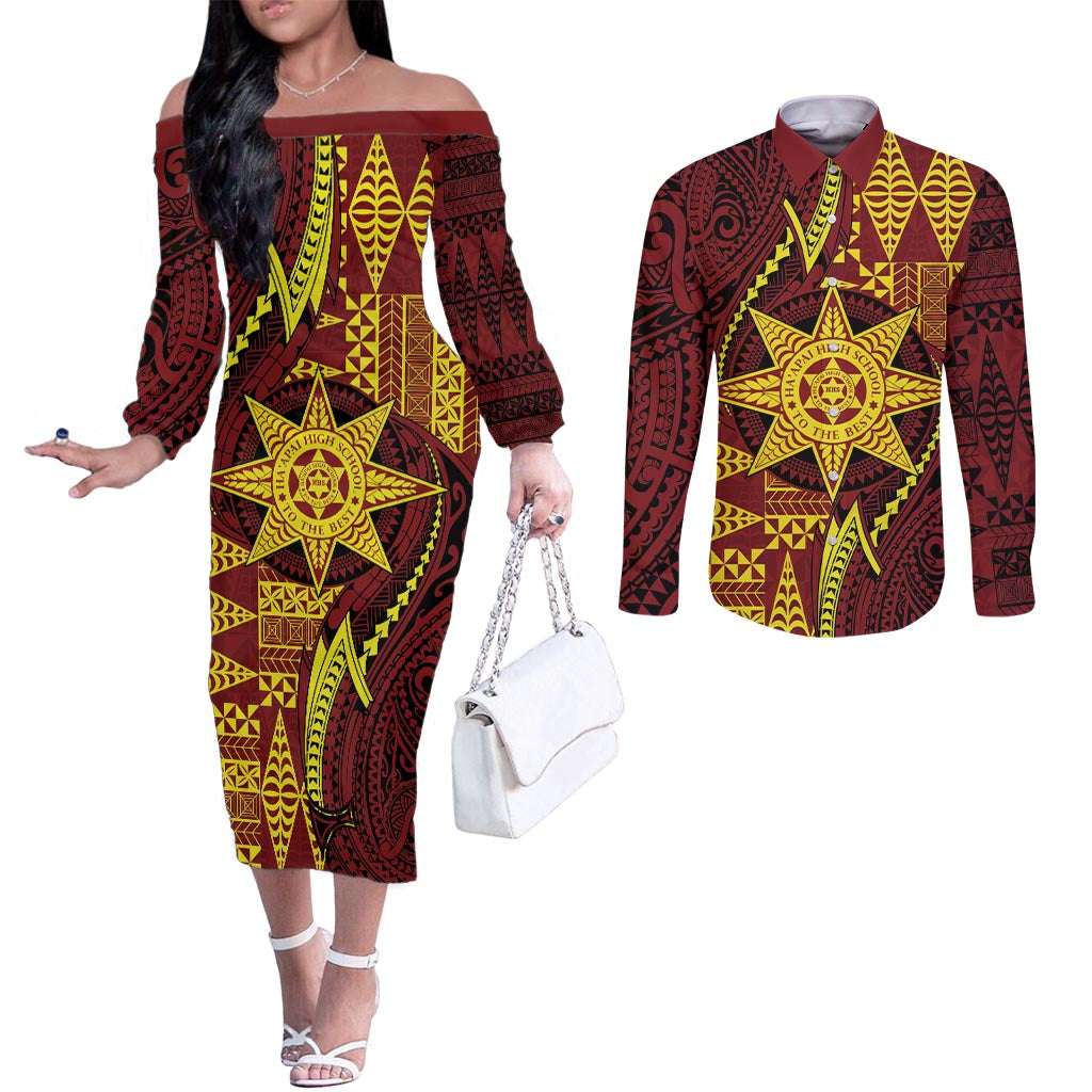 Personalised Tonga Haapai High School Couples Matching Off The Shoulder Long Sleeve Dress and Long Sleeve Button Shirt Special Kupesi Pattern