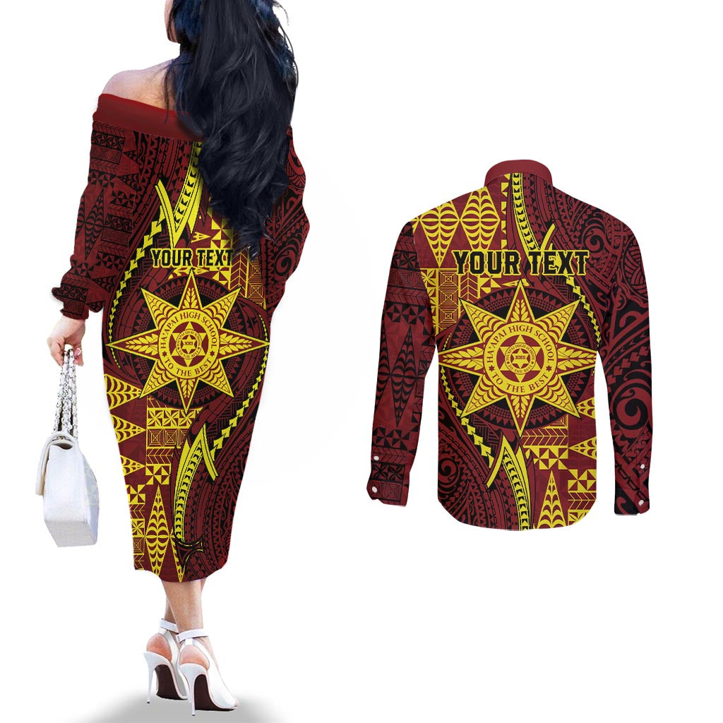 Personalised Tonga Haapai High School Couples Matching Off The Shoulder Long Sleeve Dress and Long Sleeve Button Shirt Special Kupesi Pattern LT9 - Polynesian Pride