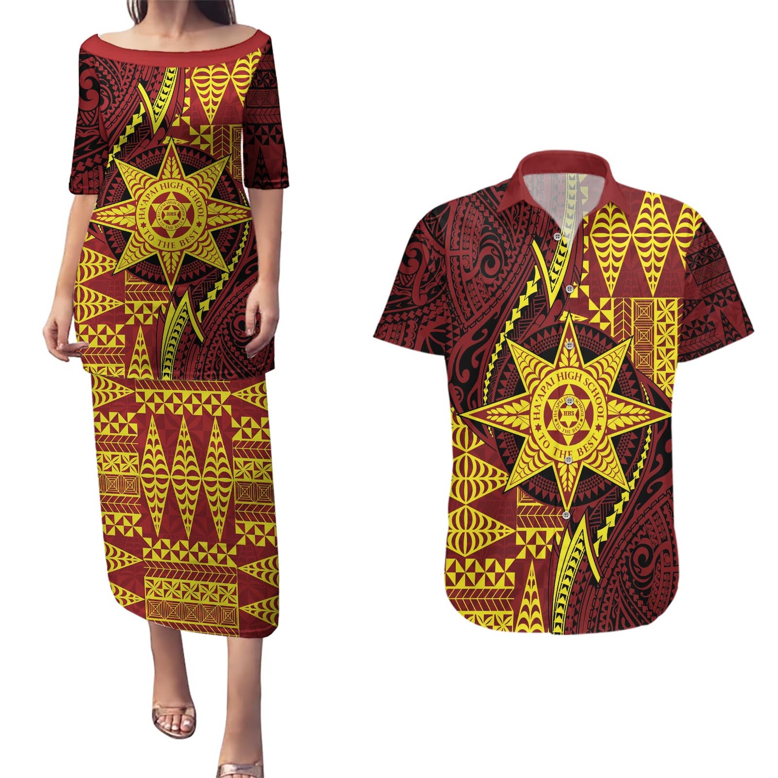 Personalised Tonga Haapai High School Couples Matching Puletasi and Hawaiian Shirt Special Kupesi Pattern LT9 Gold - Polynesian Pride