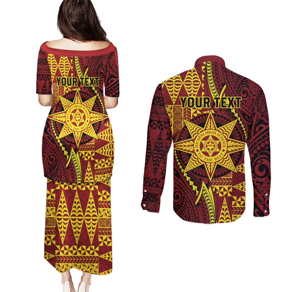 Personalised Tonga Haapai High School Couples Matching Puletasi and Long Sleeve Button Shirt Special Kupesi Pattern