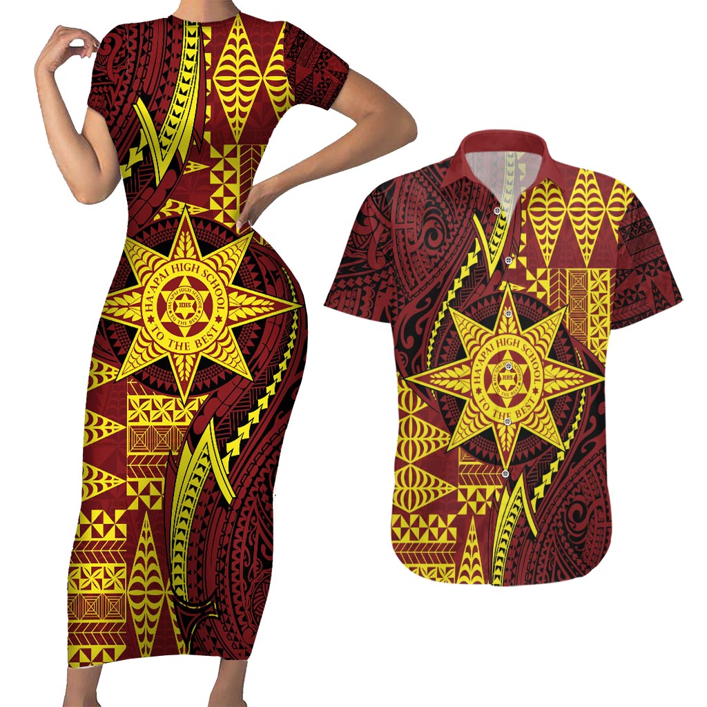 Personalised Tonga Haapai High School Couples Matching Short Sleeve Bodycon Dress and Hawaiian Shirt Special Kupesi Pattern LT9 Gold - Polynesian Pride