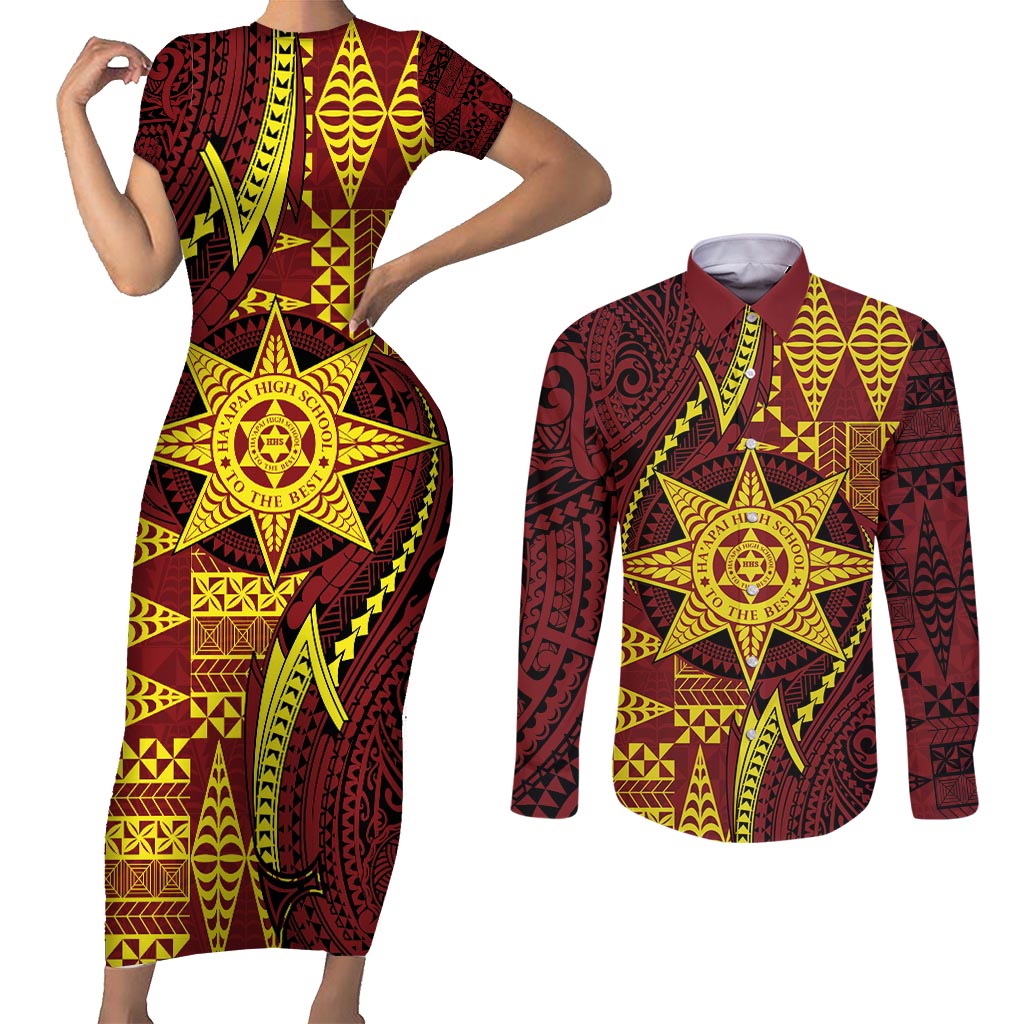 Personalised Tonga Haapai High School Couples Matching Short Sleeve Bodycon Dress and Long Sleeve Button Shirt Special Kupesi Pattern LT9 Gold - Polynesian Pride