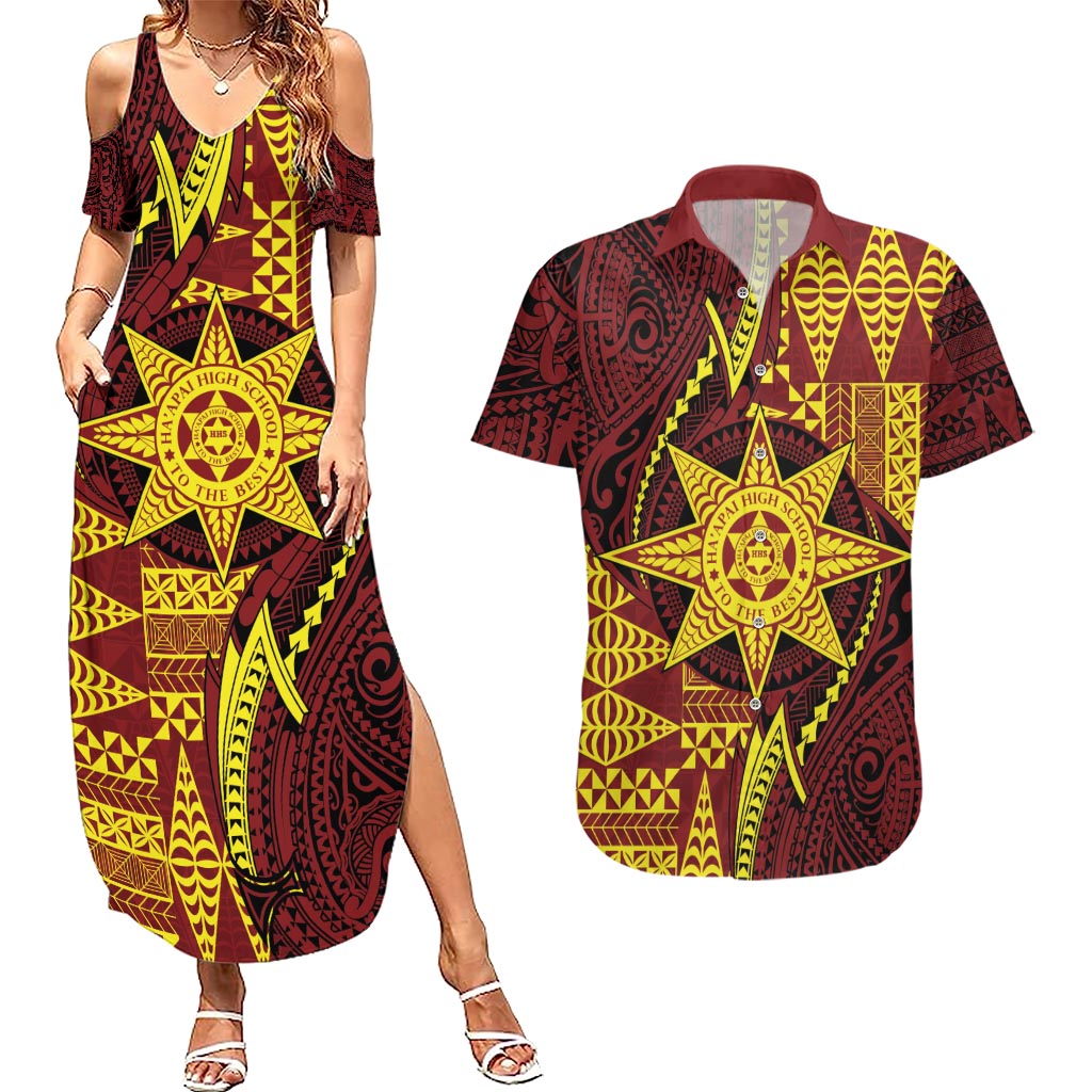 Personalised Tonga Haapai High School Couples Matching Summer Maxi Dress and Hawaiian Shirt Special Kupesi Pattern LT9 Gold - Polynesian Pride