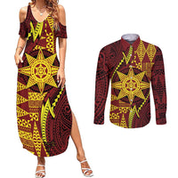 Personalised Tonga Haapai High School Couples Matching Summer Maxi Dress and Long Sleeve Button Shirt Special Kupesi Pattern LT9 Gold - Polynesian Pride