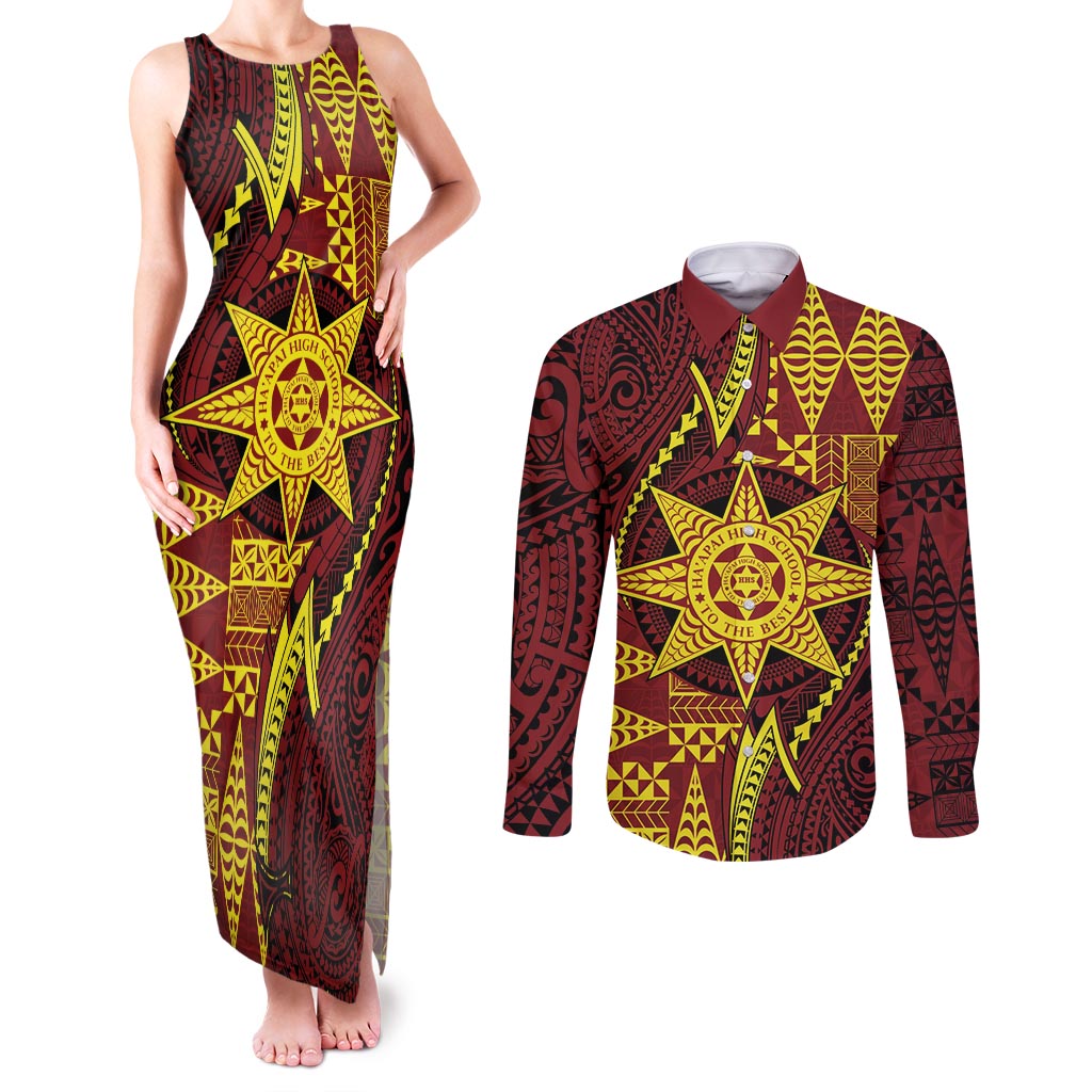 Personalised Tonga Haapai High School Couples Matching Tank Maxi Dress and Long Sleeve Button Shirt Special Kupesi Pattern