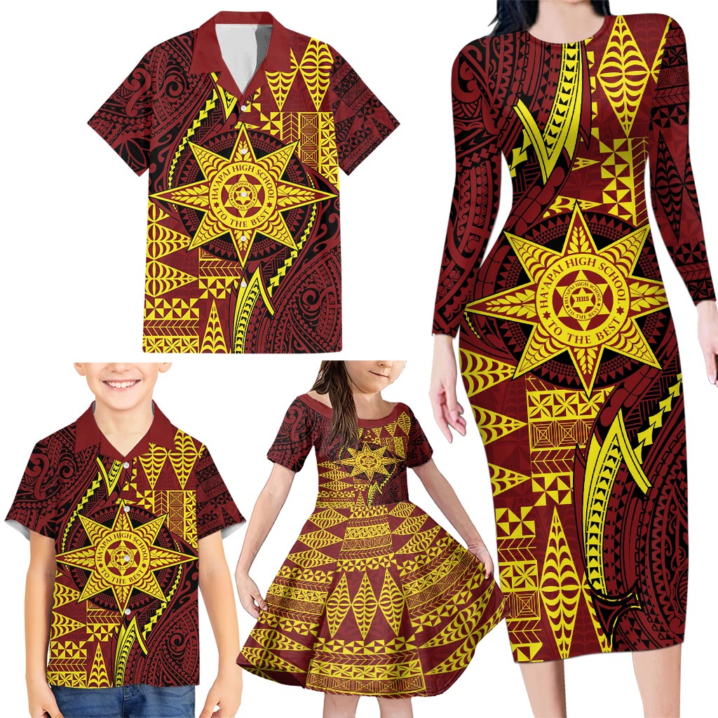 Personalised Tonga Haapai High School Family Matching Long Sleeve Bodycon Dress and Hawaiian Shirt Special Kupesi Pattern