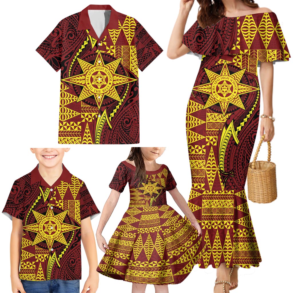 Personalised Tonga Haapai High School Family Matching Mermaid Dress and Hawaiian Shirt Special Kupesi Pattern