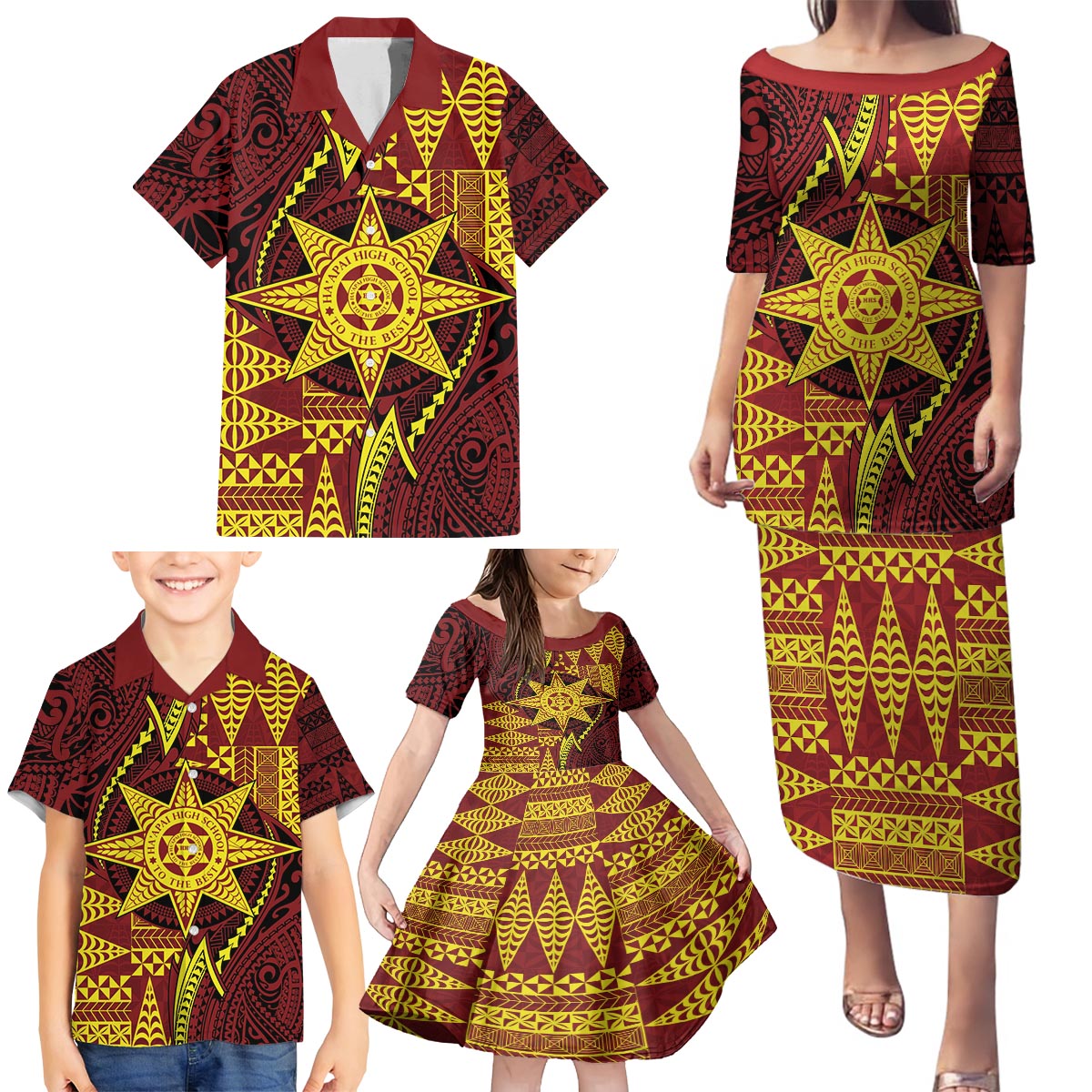 Personalised Tonga Haapai High School Family Matching Puletasi and Hawaiian Shirt Special Kupesi Pattern