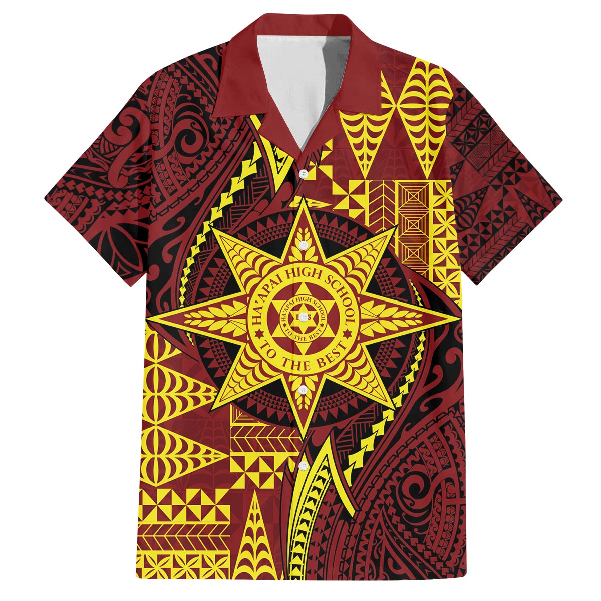 Personalised Tonga Haapai High School Family Matching Puletasi and Hawaiian Shirt Special Kupesi Pattern LT9 Dad's Shirt - Short Sleeve Gold - Polynesian Pride