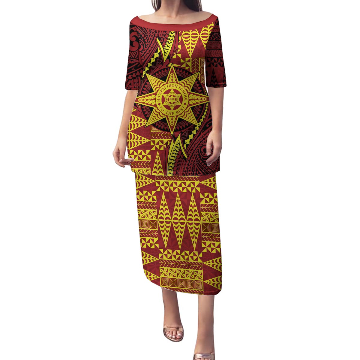 Personalised Tonga Haapai High School Family Matching Puletasi and Hawaiian Shirt Special Kupesi Pattern LT9 Mom's Dress Gold - Polynesian Pride