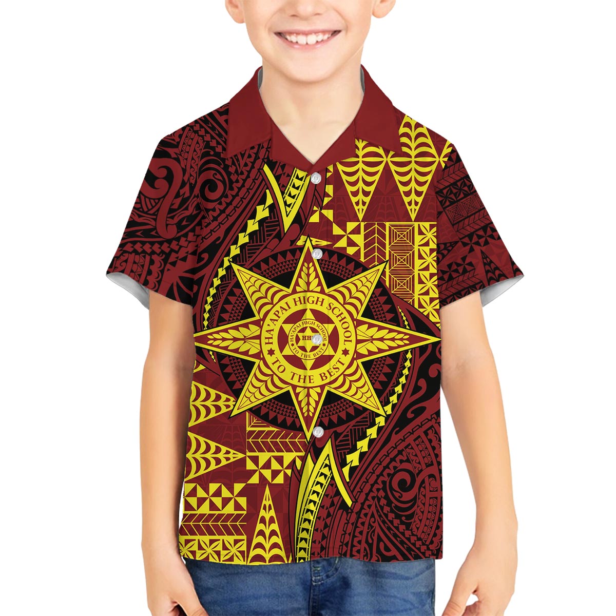 Personalised Tonga Haapai High School Family Matching Puletasi and Hawaiian Shirt Special Kupesi Pattern LT9 Son's Shirt Gold - Polynesian Pride