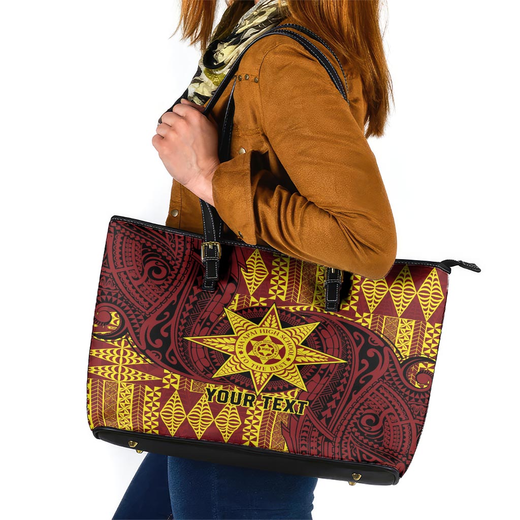 Personalised Tonga Haapai High School Leather Tote Bag Special Kupesi Pattern LT9 Gold - Polynesian Pride