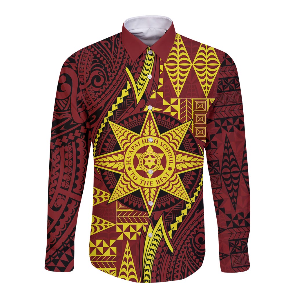 Personalised Tonga Haapai High School Long Sleeve Button Shirt Special Kupesi Pattern LT9 Unisex Gold - Polynesian Pride