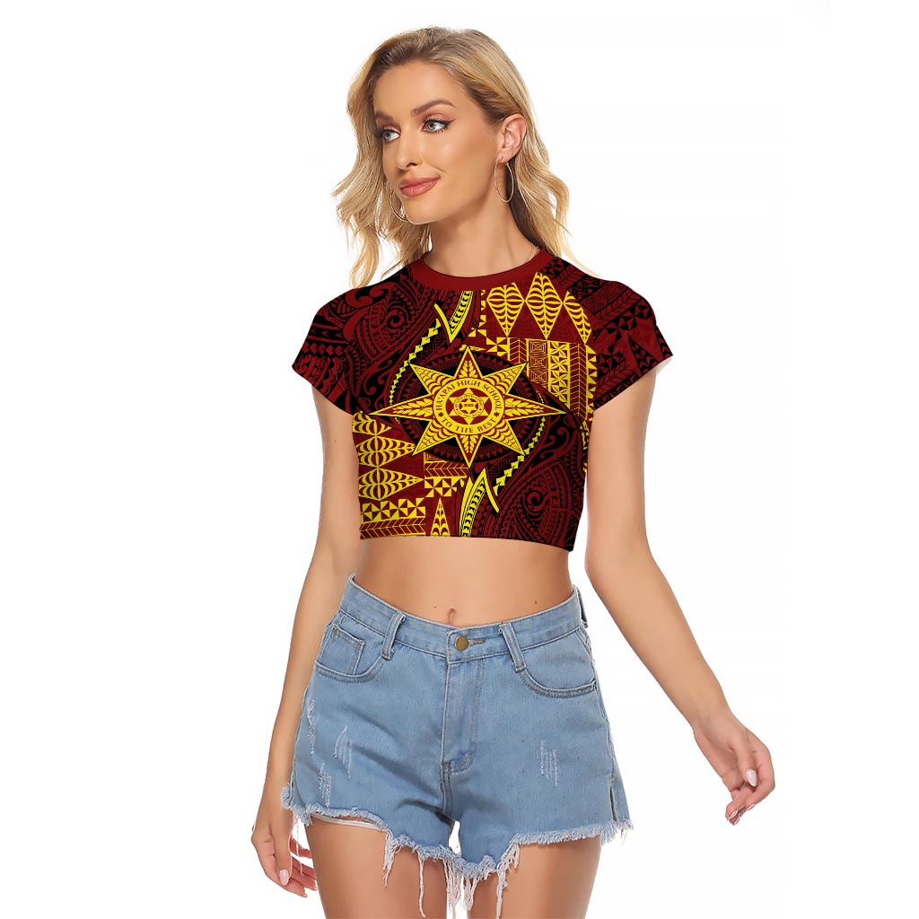 Personalised Tonga Haapai High School Raglan Cropped T Shirt Special Kupesi Pattern LT9 Female Gold - Polynesian Pride