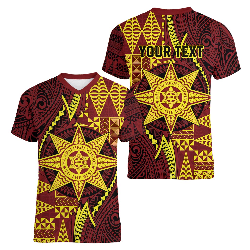 Personalised Tonga Haapai High School Women V-Neck T-Shirt Special Kupesi Pattern LT9 - Polynesian Pride