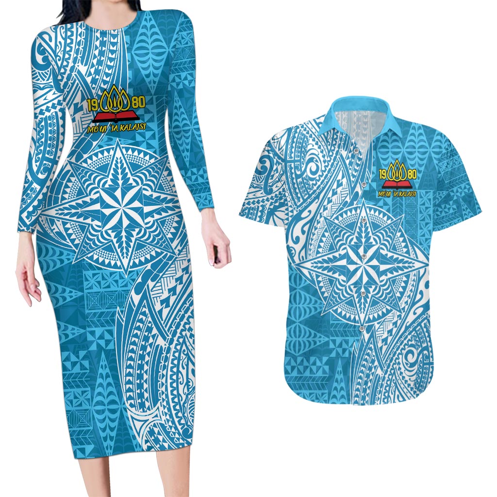 Personalised Tonga Lavengamalie College Couples Matching Long Sleeve Bodycon Dress and Hawaiian Shirt Since 1980 Special Kupesi Pattern
