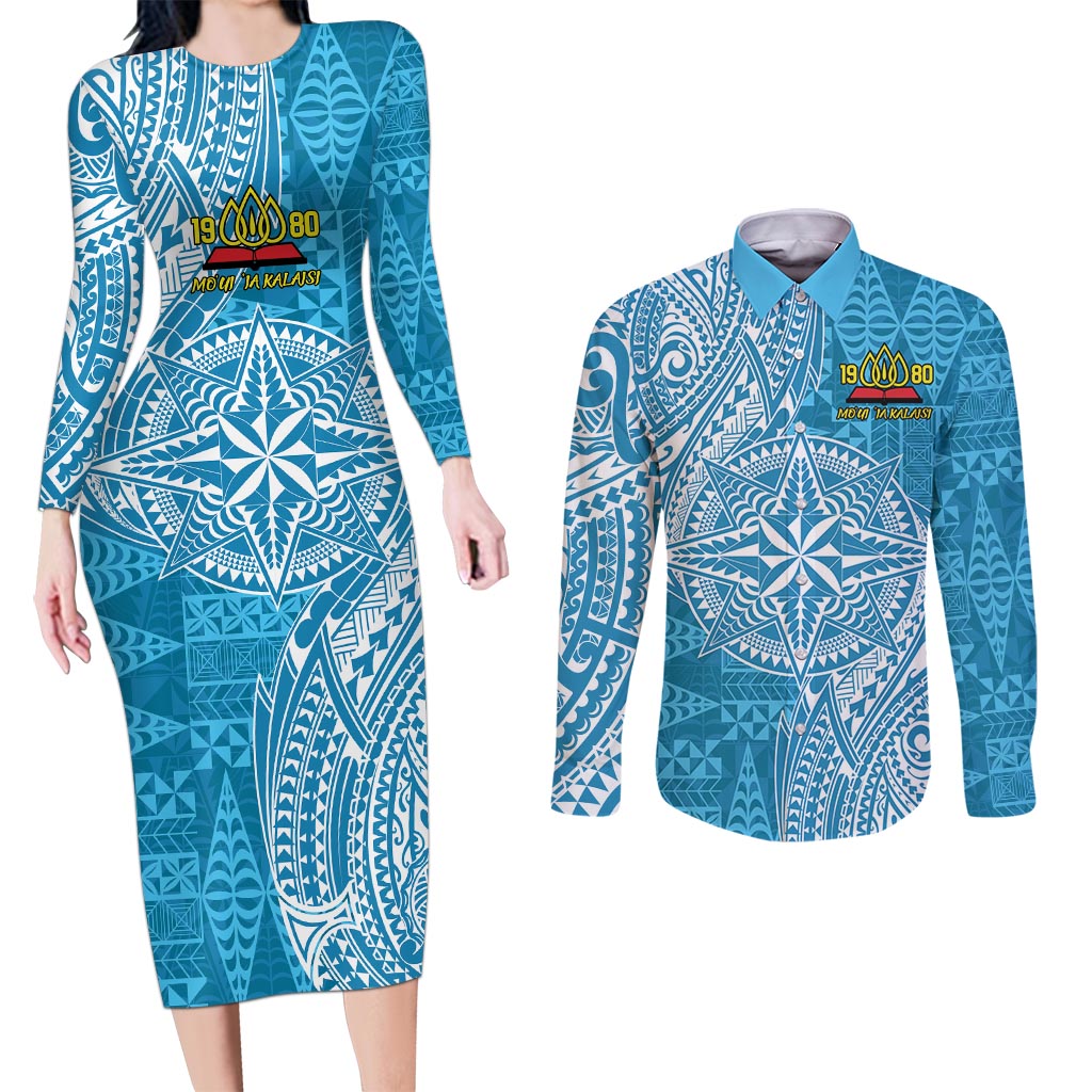 Personalised Tonga Lavengamalie College Couples Matching Long Sleeve Bodycon Dress and Long Sleeve Button Shirt Since 1980 Special Kupesi Pattern LT9 Blue - Polynesian Pride