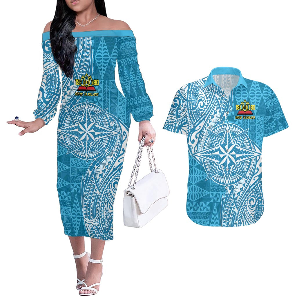 Personalised Tonga Lavengamalie College Couples Matching Off The Shoulder Long Sleeve Dress and Hawaiian Shirt Since 1980 Special Kupesi Pattern LT9 Blue - Polynesian Pride