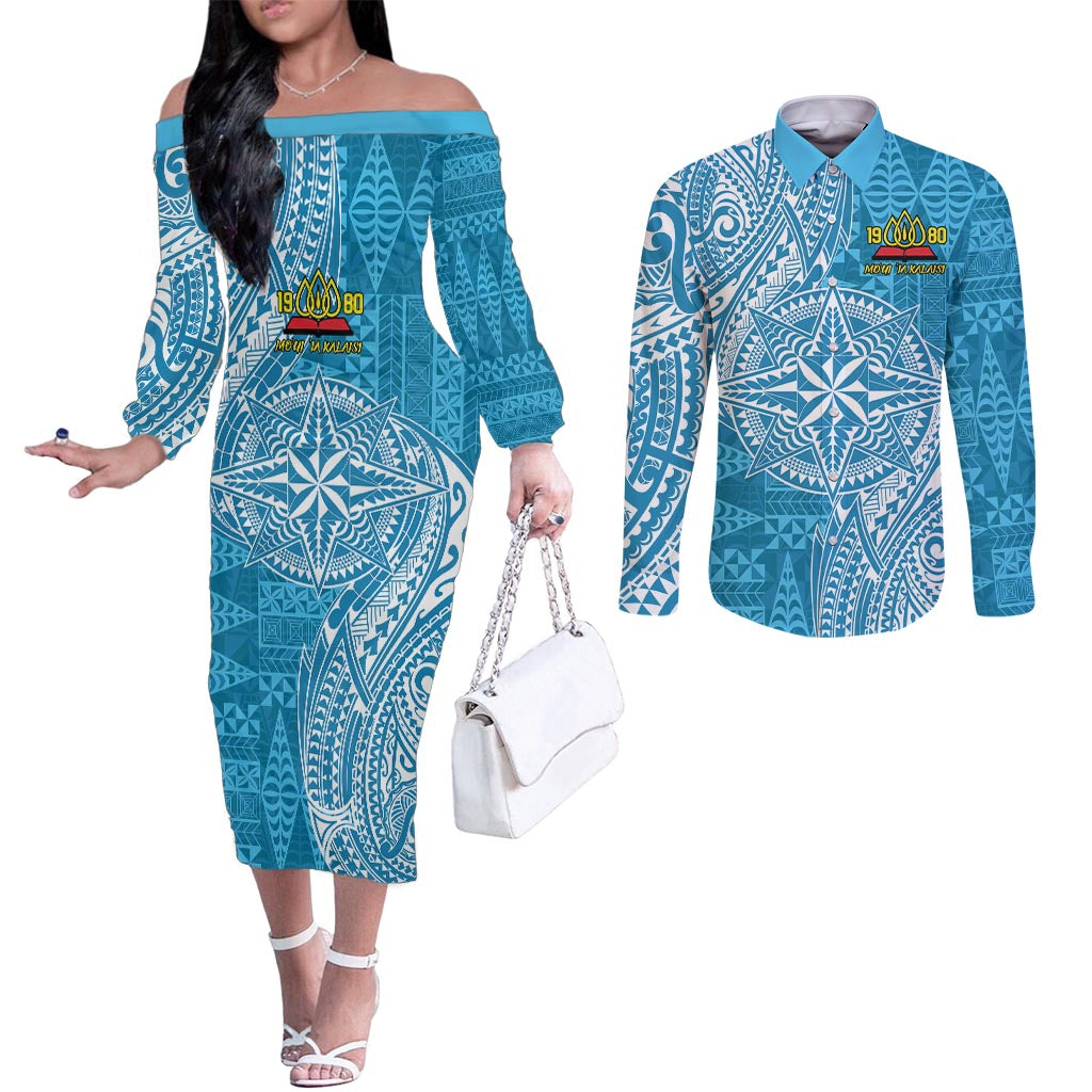 Personalised Tonga Lavengamalie College Couples Matching Off The Shoulder Long Sleeve Dress and Long Sleeve Button Shirt Since 1980 Special Kupesi Pattern