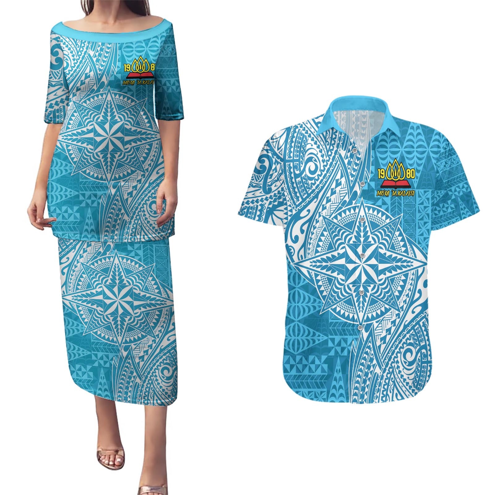 Personalised Tonga Lavengamalie College Couples Matching Puletasi and Hawaiian Shirt Since 1980 Special Kupesi Pattern LT9 Blue - Polynesian Pride
