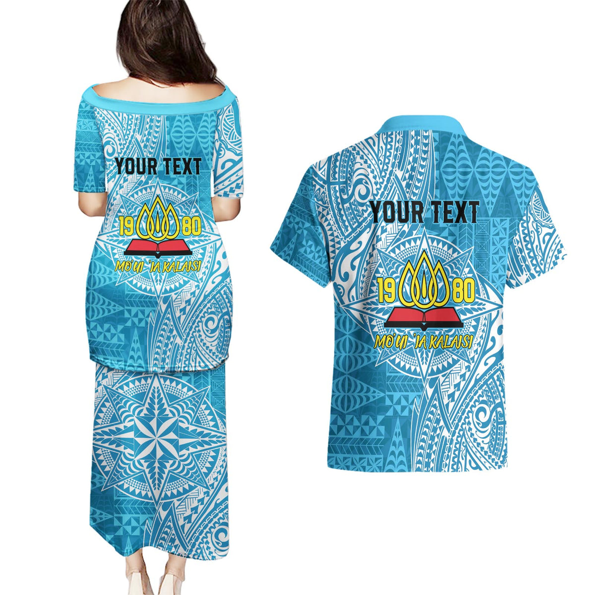 Personalised Tonga Lavengamalie College Couples Matching Puletasi and Hawaiian Shirt Since 1980 Special Kupesi Pattern LT9 - Polynesian Pride