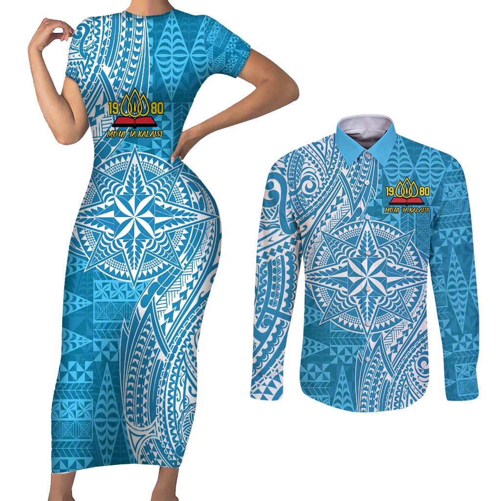 Personalised Tonga Lavengamalie College Couples Matching Short Sleeve Bodycon Dress and Long Sleeve Button Shirt Since 1980 Special Kupesi Pattern LT9 Blue - Polynesian Pride