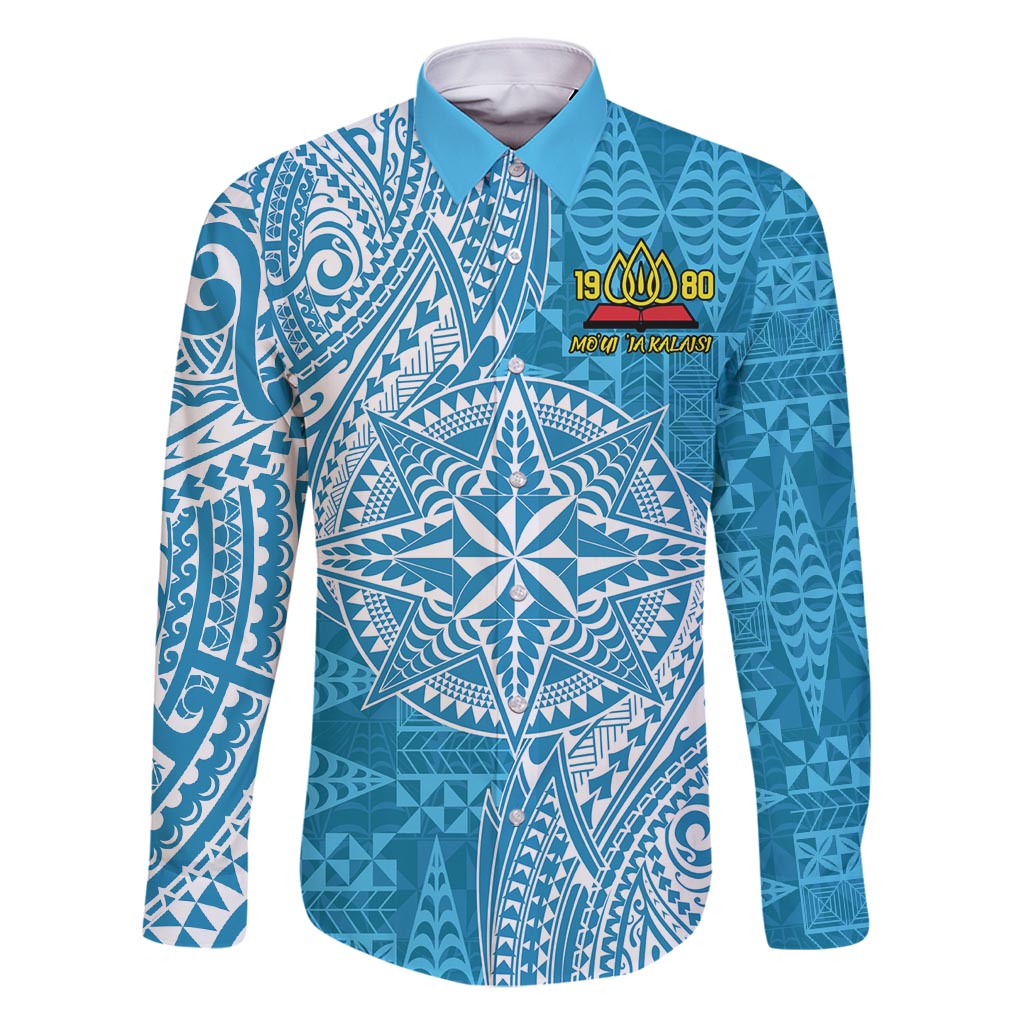 Personalised Tonga Lavengamalie College Family Matching Mermaid Dress and Hawaiian Shirt Since 1980 Special Kupesi Pattern LT9 Dad's Shirt - Long Sleeve Blue - Polynesian Pride