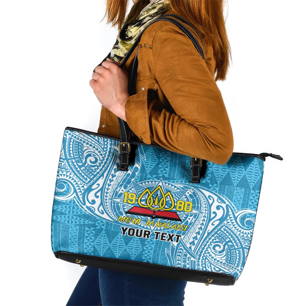 Personalised Tonga Lavengamalie College Leather Tote Bag Since 1980 Special Kupesi Pattern LT9 Blue - Polynesian Pride