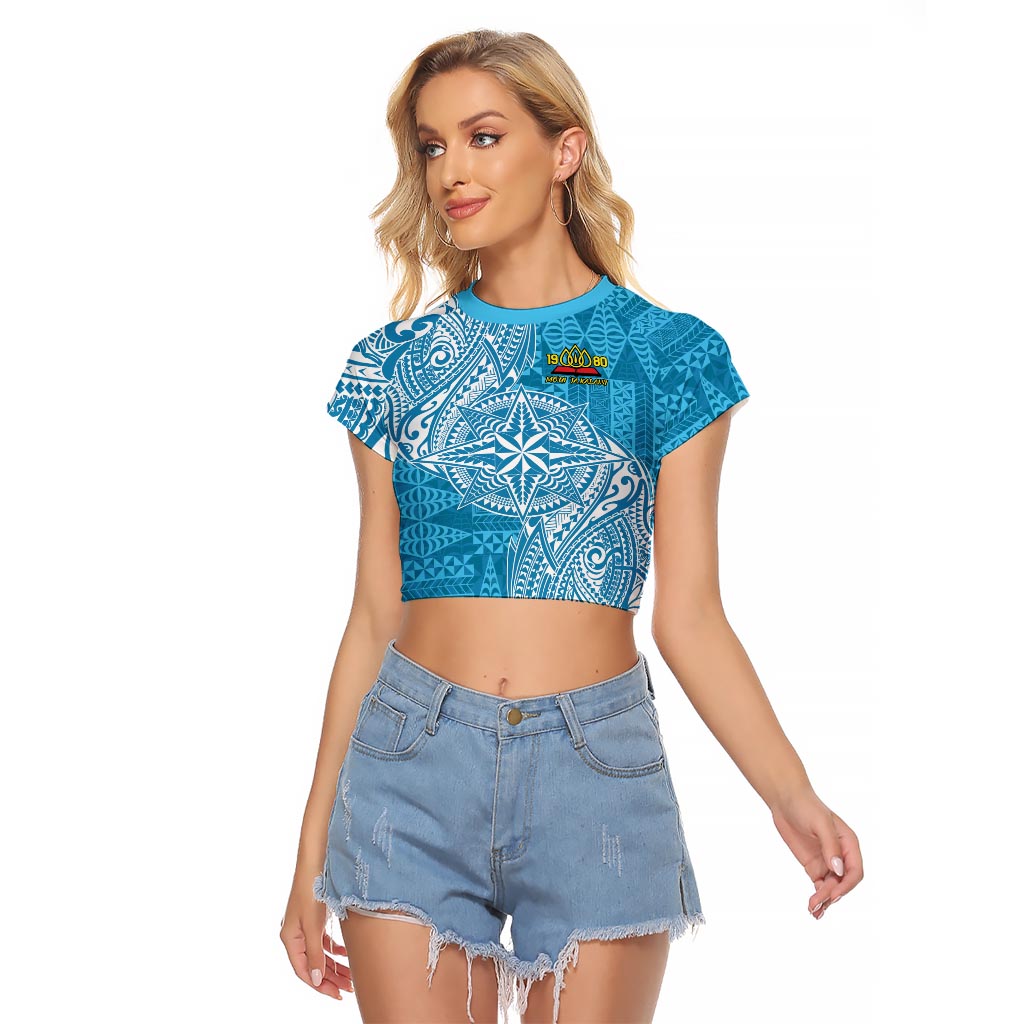 Personalised Tonga Lavengamalie College Raglan Cropped T Shirt Since 1980 Special Kupesi Pattern LT9 Female Blue - Polynesian Pride