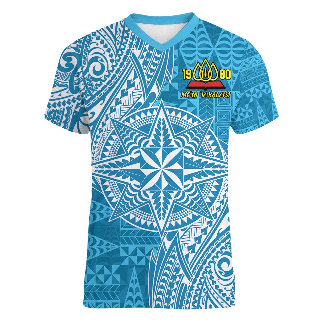 Personalised Tonga Lavengamalie College Women V-Neck T-Shirt Since 1980 Special Kupesi Pattern LT9 Female Blue - Polynesian Pride