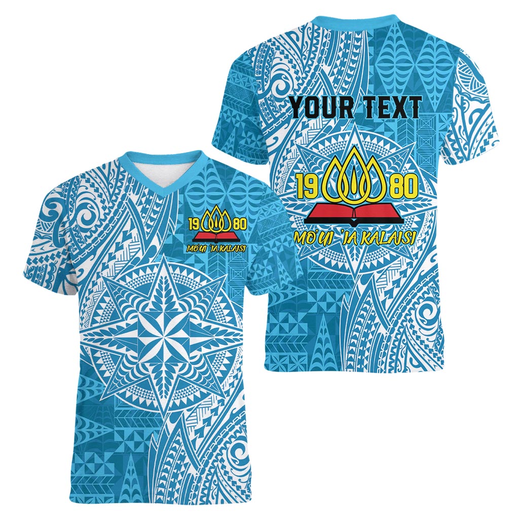 Personalised Tonga Lavengamalie College Women V-Neck T-Shirt Since 1980 Special Kupesi Pattern LT9 - Polynesian Pride