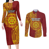 Personalised Tonga Niuatoputapu High School Couples Matching Long Sleeve Bodycon Dress and Long Sleeve Button Shirt Special Kupesi Pattern LT9 Gold - Polynesian Pride