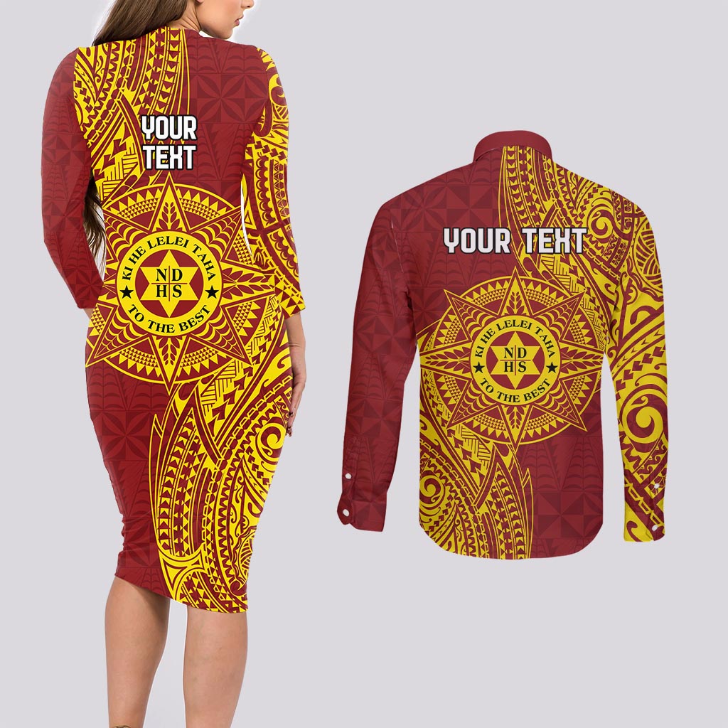 Personalised Tonga Niuatoputapu High School Couples Matching Long Sleeve Bodycon Dress and Long Sleeve Button Shirt Special Kupesi Pattern LT9 - Polynesian Pride