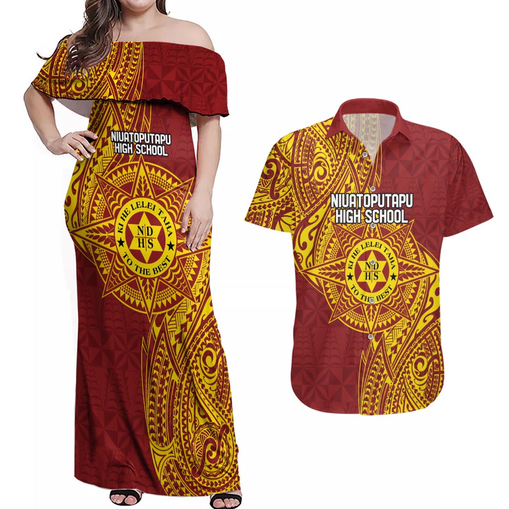 Personalised Tonga Niuatoputapu High School Couples Matching Off Shoulder Maxi Dress and Hawaiian Shirt Special Kupesi Pattern