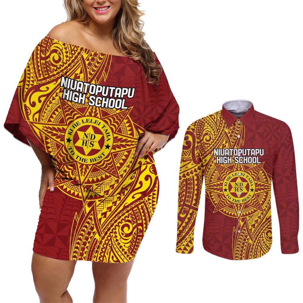 Personalised Tonga Niuatoputapu High School Couples Matching Off Shoulder Short Dress and Long Sleeve Button Shirt Special Kupesi Pattern