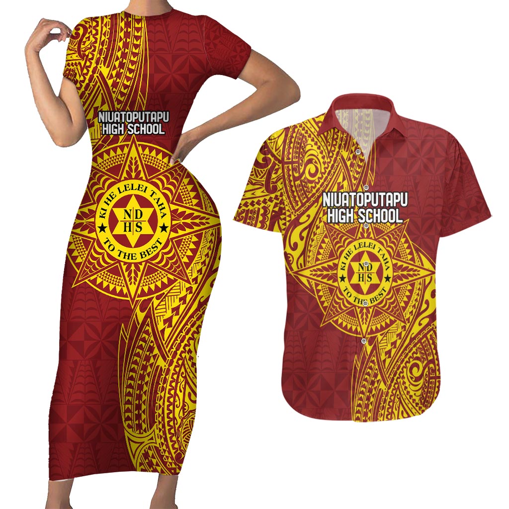Personalised Tonga Niuatoputapu High School Couples Matching Short Sleeve Bodycon Dress and Hawaiian Shirt Special Kupesi Pattern LT9 Gold - Polynesian Pride