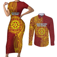 Personalised Tonga Niuatoputapu High School Couples Matching Short Sleeve Bodycon Dress and Long Sleeve Button Shirt Special Kupesi Pattern LT9 Gold - Polynesian Pride