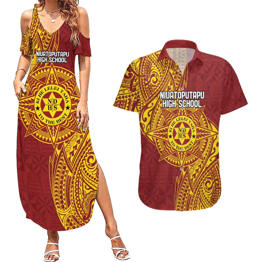 Personalised Tonga Niuatoputapu High School Couples Matching Summer Maxi Dress and Hawaiian Shirt Special Kupesi Pattern LT9 Gold - Polynesian Pride