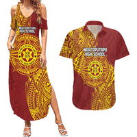Personalised Tonga Niuatoputapu High School Couples Matching Summer Maxi Dress and Hawaiian Shirt Special Kupesi Pattern LT9 Gold - Polynesian Pride
