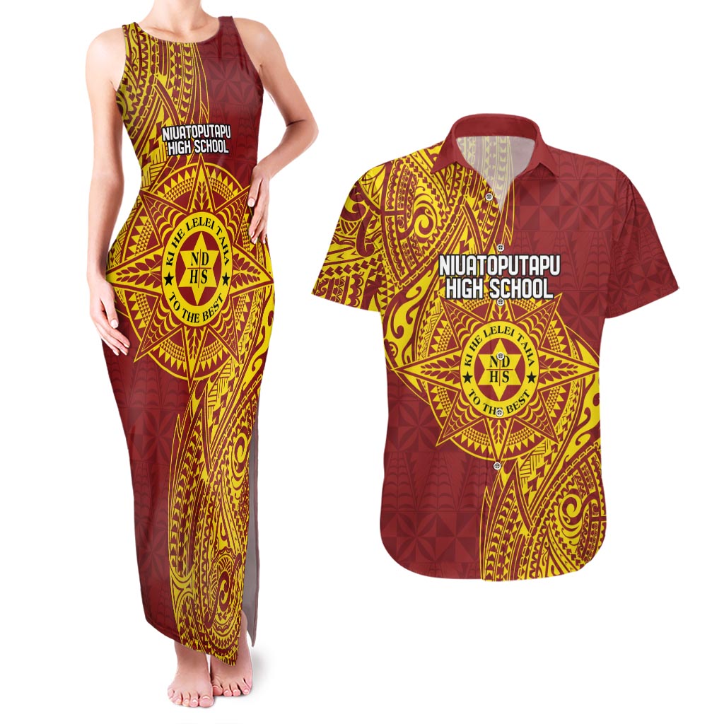 Personalised Tonga Niuatoputapu High School Couples Matching Tank Maxi Dress and Hawaiian Shirt Special Kupesi Pattern LT9 Gold - Polynesian Pride