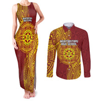 Personalised Tonga Niuatoputapu High School Couples Matching Tank Maxi Dress and Long Sleeve Button Shirt Special Kupesi Pattern LT9 Gold - Polynesian Pride